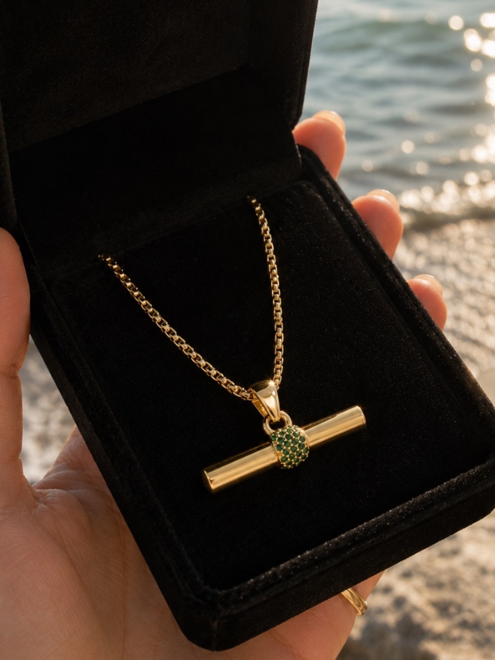 Gold Bar Pendant Necklace with Green Accent - Picture 1 of 14